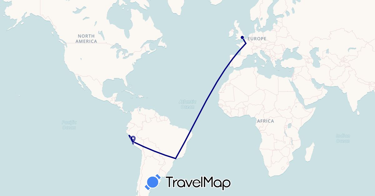 TravelMap itinerary: driving in Brazil, France, United Kingdom, Peru (Europe, South America)